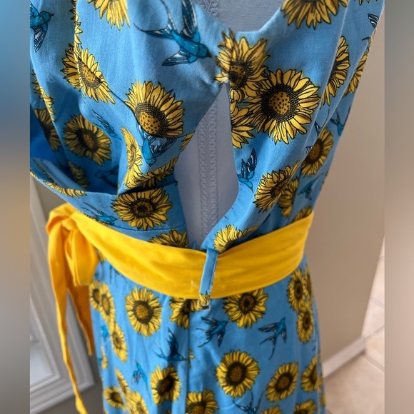 [US10]Lindy Bop Stephanie Sunflower Bird Blue Mid Dress Waist Belt V Done - Picture 8 of 13